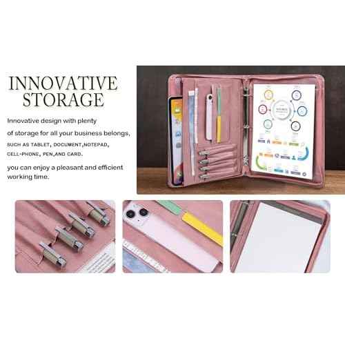 AZXCG Padfolio for Women,Vegan Leather Padfolio with 3 Ring Binder,Professional Business Portfolio Organizer,Multi-Pocket Leather Binder for Meeting/Interview