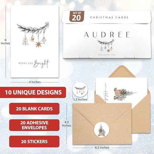 AUDREE Christmas Cards With Envelopes & Matching Stickers (20 Pack 4"x6") - Assortment Boxed Holiday Cards - Thoughtful Gift Idea for Friends and Family - Perfect for Happy Holidays Card, Xmas Card
