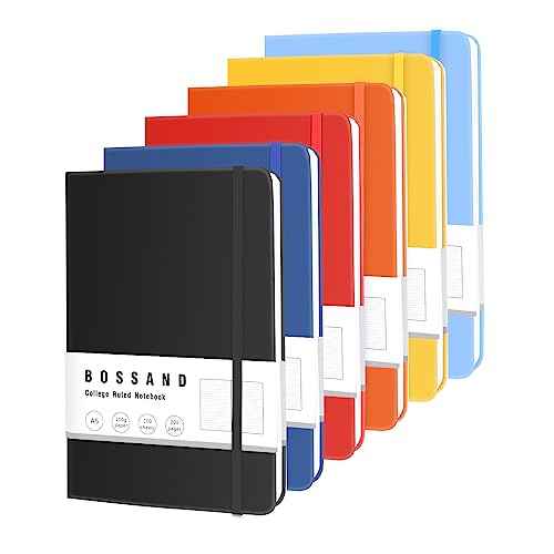 BOSSAND Lined Journal Notebooks, 6 Pack A5 Journals for Writing, 200 Pages 100 GSM Thick Classic Ruled Paper, Hardcover, 8.25 inches x 5.75 inches, 6 Colors