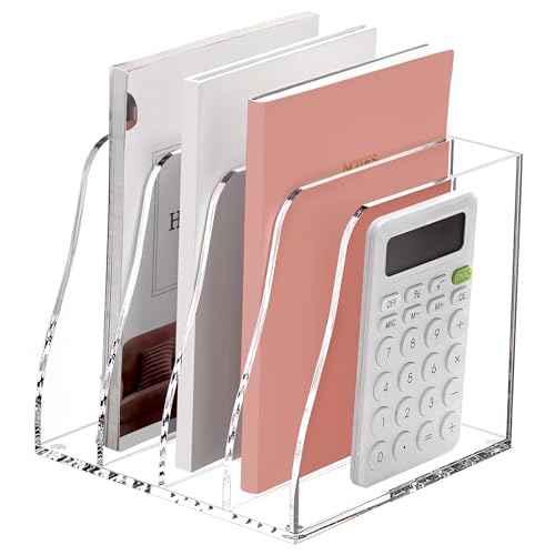 SANRUI Acrylic File Organizer, Compact Desk Organizer for Folders, Binders, Notebooks, Envelopes, Vertical Binder Storage Organizer, 4 Section Bookshelf for School Home Office Organization
