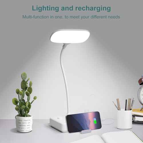LED Desk Lamp with 2 USB Charging Port and 4 AC Power Outlet - 3 Lighting Modes, Adjustable Gooseneck, Eye-Caring Small White Table Lamp for Home Office College Dorm Room Essentials
