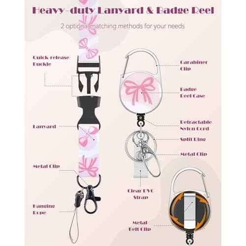 Uniclife Fashionable Sliding Badge Holder Bowknot Pattern Plastic Card Holder with Retractable Badge Reel Carabiner & Detachable Lanyard Vertical Card Protector for Office Worker Teacher Student