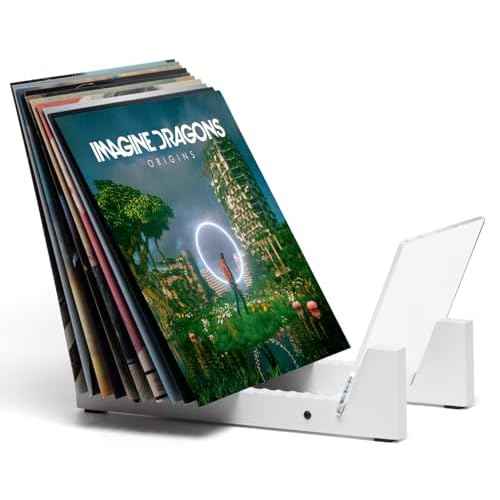 KAIU Vinyl Record Storage - Solid Wood with Crystal Clear Acrylic Holder - Premium Design, Perfect 12" LPs or 7" Singles Display Unit - Stores and Supports up to 50 Albums (Modern White)