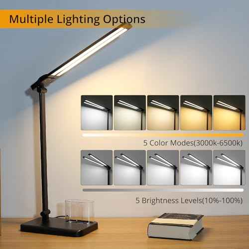 Qooltek Touch Control LED Desk Lamp, Table Lamp with 5 Color Modes Dimmable Brightness for Home Office, Dual Swing Arm USB Charging Port Desk Light, Eye-Caring Reading Light with Pen Holder, Black