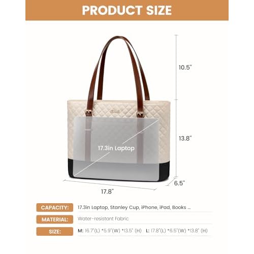 LOVEVOOK Laptop Bag for Women, Work Tote Computer Bag With Large Cup Holder, Lightweight Large Laptop Briefcase, Beige-Brown-Black, 17.3 Inch
