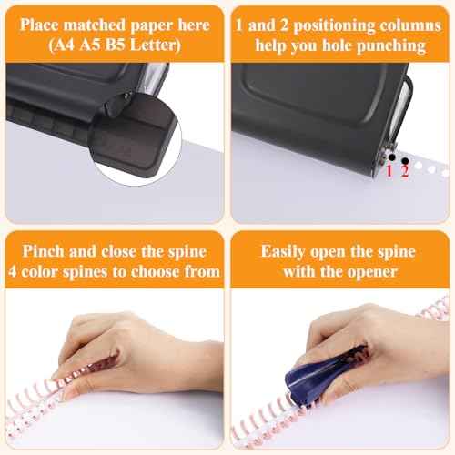 10 Hole Punch Binding Machine for Planners with 10 Multi-Color Binder Rings,30 Holes on A4,20 Holes on A5,26 Holes on B5,10 Sheet Capacity (Black)