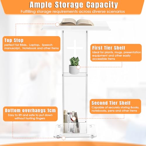 45.3in Acrylic Podium Lectern with Cross Design, Double Shelves - Easilywinlife