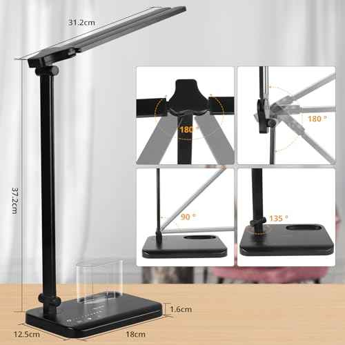 Qooltek Touch Control LED Desk Lamp, Table Lamp with 5 Color Modes Dimmable Brightness for Home Office, Dual Swing Arm USB Charging Port Desk Light, Eye-Caring Reading Light with Pen Holder, Black