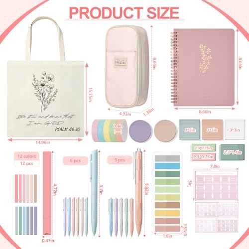 Jutom 110 Pcs Bible Study Supplies Bible Journaling Kit with Canvas Tote Bag Pen Case Notebook Highlighters Pens Sticky Note Tabs Page Markers Scripture Stickers Tape for Women Christian Study Gift