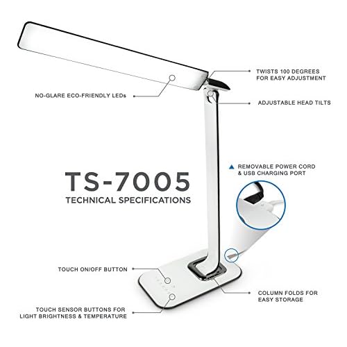 Turcom LED Desk Lamp With USB Charging Port Dimmable Touch Controls w/Color Adjustment, Eye Care Task Lamp, 5W, 1000 Lux,Multicolor