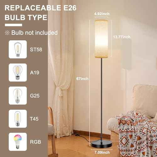 FRIDEKO HOME Floor Lamp with Beige Shade, Simple Design with Foot Pedal Switch, Small Tall Lamps for Living Room Bedroom Office, Corner Floor Stand Light with Black Pole Lamp (No Bulb/No Remote)