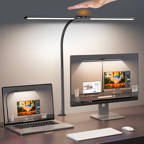 Syrinx LED Desk Lamp for Home Office ? Eye-Caring Dual Head Desk Light with Flexible Gooseneck, Clamp, Gesture/Wired Control, 50 Lighting Modes with Memory/Timer for Study, Crafting
