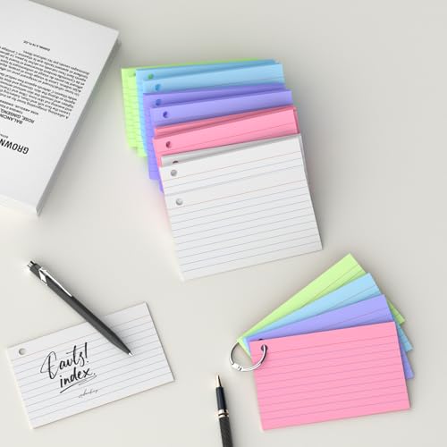 AILZFEI 250 Count Multicolor 3x5 Inch Index Cards with Key Ring, 180gsm Heavy Weight Flash Cards for Study & Office - 5 Colors