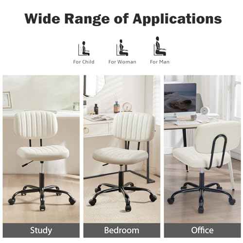 DUMOS Small Armless Home Desk Executive Chair with Low Back Lumbar Support, Height Adjustable PU Leather Computer Office Chair with 360¡Æ Swivel Wheels for Kids and Adults, White