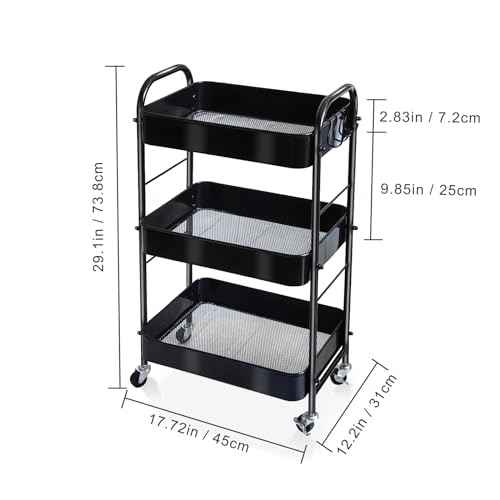 3-Tier Rolling Utility Cart with Stopper Caster Wheels and 4 Hooks, Easy Assembly, for Kitchen, Bathroom, Living Room, Office (Black)
