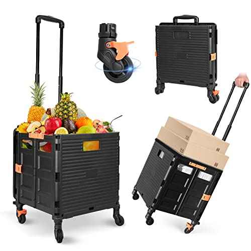 Foldable Utility Cart Folding Portable Rolling Crate Handcart Handcart Shopping Trolley Wheel Box with Lid,360¡ÆRotate Wheels,Heavy Duty Durable Dolly Cart for Teacher Tourist Shopping Office Outdoor