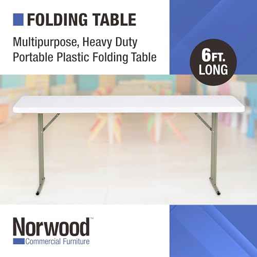 Norwood Commercial Furniture 6' Indoor/Outdoor Folding Training Table, Rectangular Blow-Molded Plastic Folding Training and Event Table, White