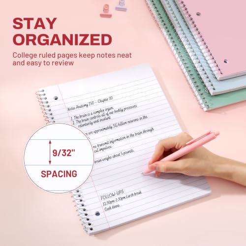 SUNEE Pastel Spiral Notebooks Pack of 3 - 8x10.5 College Ruled, Durable Coil, Tear-Out Pages, 70 Sheets Each for School