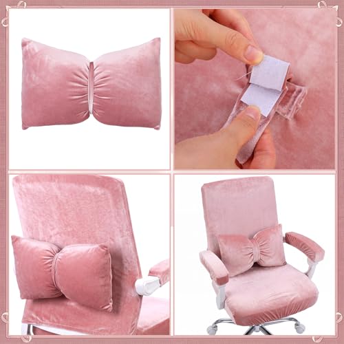 Tigeen Pale Pink Velvet 4-Piece Office Chair Cover Set with Bow Pillow