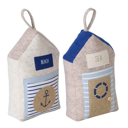 Coastal Cabana Soft Door Stops, Jute, Cotton, Loop Tops, Weighted, 11.75 Inches, House Shaped with Anchor and Lifesaver Fabric Embellishments