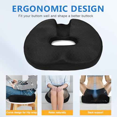 Memory Seat Cushion & Donut Pillow & Donut Cushion with Scientific Center Hole & Two Humps Hip Curve Design - Premium Memory Foam Seat Cushions for Office, Car & Home!(B-Black, Large)