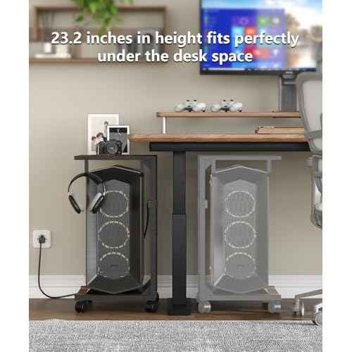 2 Tier Computer Tower Stand with Charging Station, 11.8" D x 16.5" W Rolling Floor PC Tower Stand Fits Under Desk, CPU Holder Cart for Carpet with Hooks, C Shaped End Table for Home Office