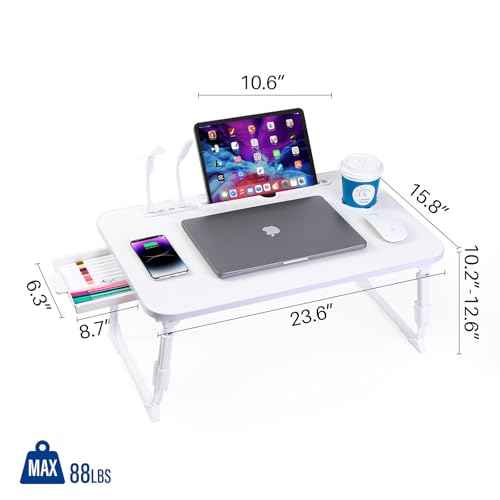 Laptop Desk for Bed, Height Adjustable Laptop Bed Table, Foldable Portable Lap Desk Stand with USB/Storage Drawer/Cup Holder/Slot, Breakfast Tray for Working Reading Writing Eating, White