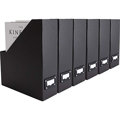 Blu Monaco Foldable Black Magazine File Holder with Leather Label Holder - Set of 6 Cardboard Magazine File Boxes Desk File Organizer