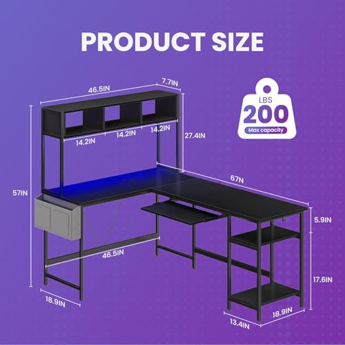 DUMOS 67" L-Shaped Gaming Desk with Reversible Layout and LED Lighting
