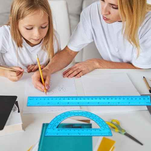 2 Packs 12 Inch Plastic Ruler and 6 Inch Plastic Protractor Set Clear Math Geometry Set Classroom Set Angle Detector School Supplies Classroom Ruler Home Office Drawings (Blue)