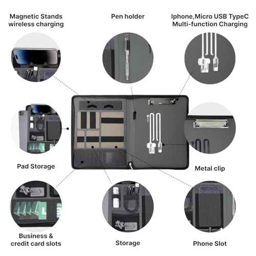 Leather Zipper Portfolio Binder with Wired Charging, Clipboard ? Business Organizer Padfolio Folder with Built-in 8000mAh Power Bank, Zip Up Binder & Portfolio Clipboard for Women/Men
