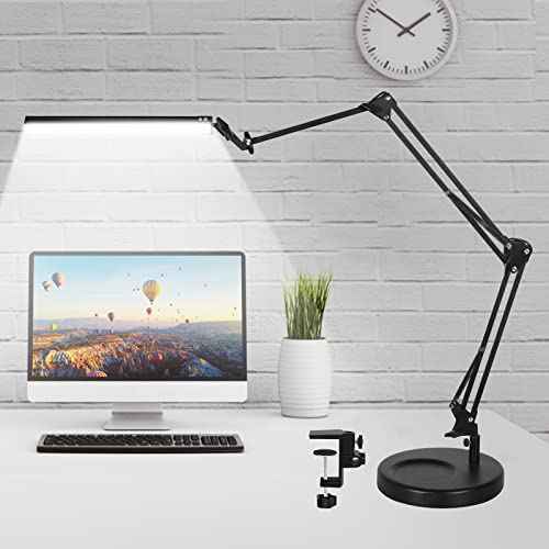 Toolour LED Desk Lamp with Clamp,2-in-1 Clip on Desk Lights with Base,50.7" 3-Section Swing Arm Architect Lamps,Memory Function Desktop Light Bar for Home Office Workbench Reading Craft Drafting