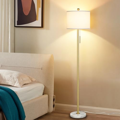 ¡¼Upgraded¡½ Dimmable Gold Floor Lamps for Living Room, 63in Modern Standing Lamp with Marble Base, Tall Pole Light with White Linen Shade for Bedroom Reading Office Corner Nursery