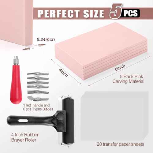 Linocut Kit for Printmaking with 5PCS 4"x6" Soft Rubber Linoleum Blocks, Brayer & Carving Tools ? Block Printing & Stamp Making Supplies for Beginners & Artists