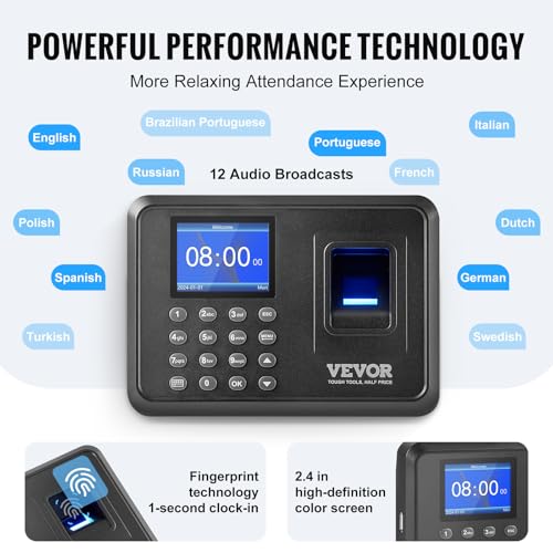 VEVOR Time Clock, Fingerprint Time Clocks for Employees Small Business, Biometric Time Clock with USB Drive, Automatic Punch in/Out, No Monthly Fees
