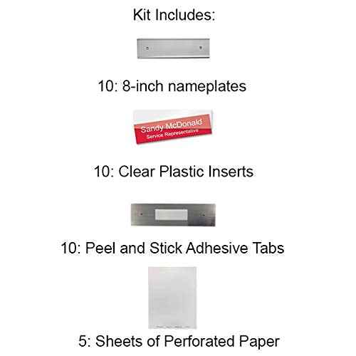 Wall or Door Nameplate Holder with Clear Plastic Inserts and Perforated Nameplate Inserts - Pack of 10 (Silver, 8" x 2")
