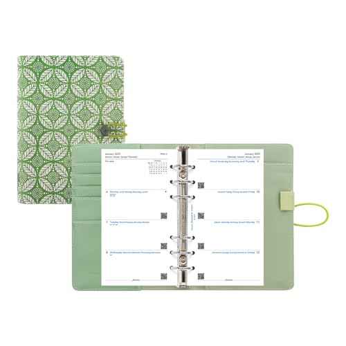 Filofax Impressions Organizer, Personal Size, Green/White - Patterned, Tactile, Leather-Look, Six Rings, Week-to-View Calendar Diary, Multilingual, 2025 (C028707-25)
