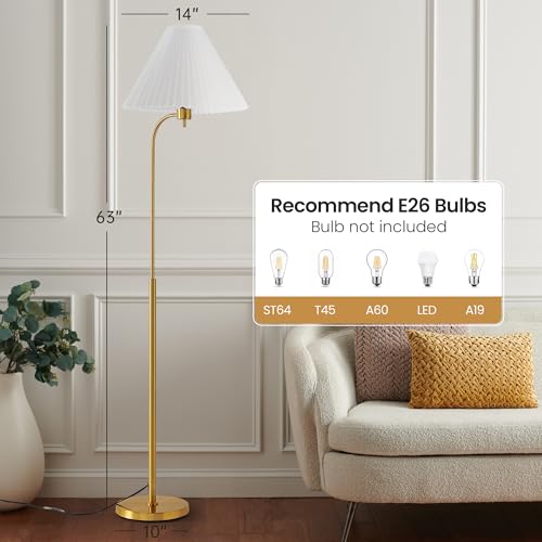 Retro Floor Lamp ? 63¡± Mid Century Modern Floor Lamp with White Pleated Empire Shade, Minimalist Curved Brass Pole Arc Mid-Century Standing Lamp for Cozy Living Room, Bedroom, Reading Corner (Gold)