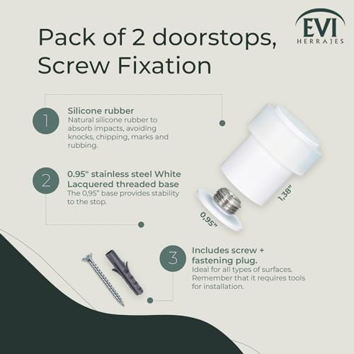 Pack of 2 EVI Door Stoppers |White Stainless Steel Door Stopper - Screw Fastening - White Rubber Protector - 0.95 x 1.38 Inch Door Stop