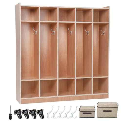 Garvee 5-Section Classroom Coat Locker, 10 Cubbies w/Anti-tip Kit for Classrooms, Daycare Cubby with 4 Casters, 5 Hooks and 2 Storage Boxes, for Home, School, Kindergarten