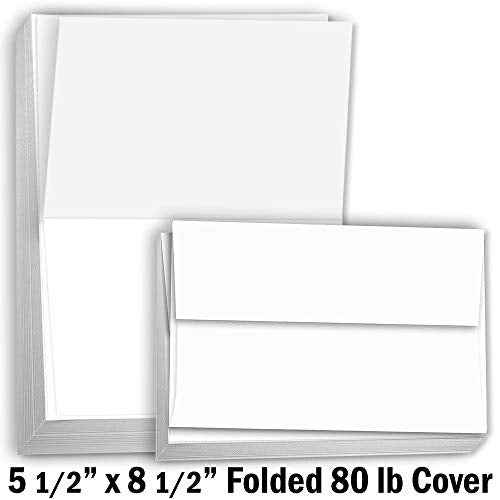 Hamilco Blank Cards and Envelopes White Cardstock Paper 5.5" x 8.5" folded 100 Pack (Bright)
