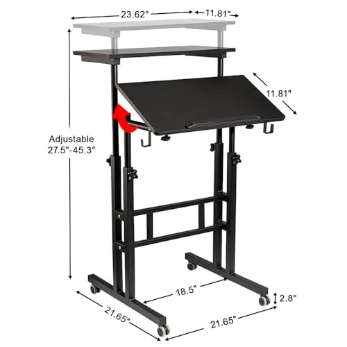 SIDUCAL 23.62" Black Mobile Standing Desk Converter with Wheels, Adjustable Sit-Stand Workstation