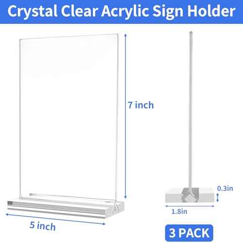 Acrylic Sign Holder 5x7£¬3 Pack Vertical Clear Display Stand£¬Double-sided Table Top Sign Holder£¬Acrylic Paper Display Stand Suitable For Office, Home, Show Fair, Restaurants, Stores, Hotels