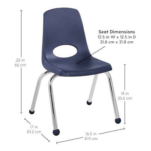FDP 14" School Stack Chair, Stacking Student Seat with Chromed Steel Legs and Ball Glides; For In-Home Learning or Classroom - Navy (4-Pack), 10380-NV