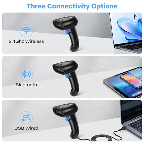 Blue Bluetooth & 2D Barcode Scanner - 3-in-1 Wireless & USB Handheld