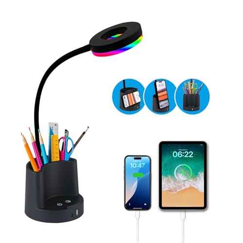 HomeFocus LED Desk Lamp, Eye-Caring Dimmable Reading Light with USB Charging Port & RGB Mood Light, Office Desk Lamp with Pen Holder for Home Office, Bedroom, Study (Black)