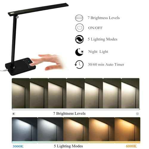 LED Desk Lamp Dimmable Table Lamp with USB Charging Port,5 Lighting Modes,7 Brightness,Sensitive Control, 30/60 min Auto Timer,Night light,Foldable Portable Desk Light for Home Office Bedroom Reading