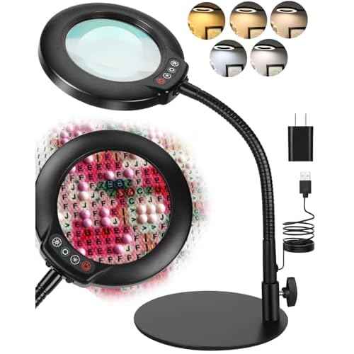 10X Magnifying Glass with Light, 5 Color Modes Stepless Dimmable Flexible Gooseneck LED Hands-Free Desk Lamp, Stand Lighted Magnifier for Crafts, Sewing, Reading, Painting, Hobby, Close Work