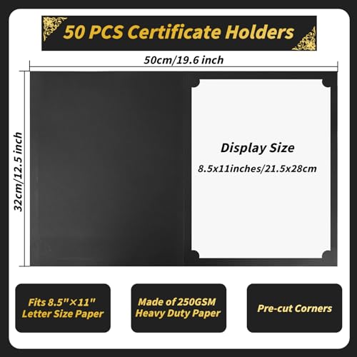 Oleitodh 50 Pack Black Certificate Holders 8.5x11 Diploma Covers | Foldable 250gsm