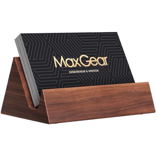 MaxGear Walnut Wood Business Card Holder - Mountain Variation, Elegant Desktop Organizer